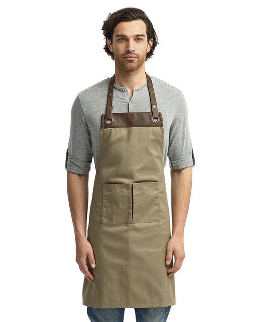 Custom Espresso Bib Apron – Faux Leather Trim & Adjustable Neckband SOYT Printing Company Khaki/ Brown