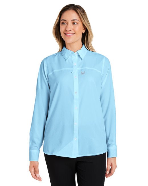 HUK Ladies' Tide Point Long Sleeve Shirt – Protective, Stretchable, and Stylish Huk Small Crystal Blue