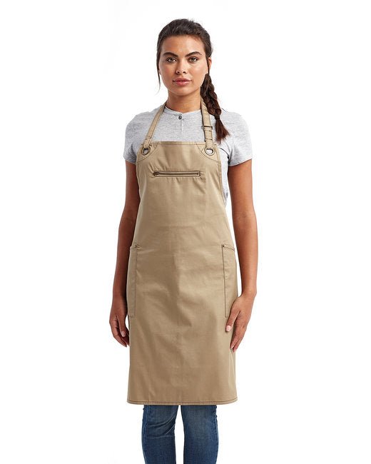 Custom Recycled Bib Apron – Contrast Stitch with Functional Pockets SOYT Printing Company Khaki/ Brown